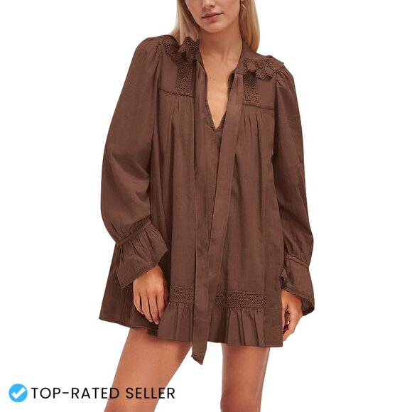 V-Neck Babydoll Dress Lace Trim Puff Sleeve Flowy Mini A-Line Tunic - Picture 5 of 5